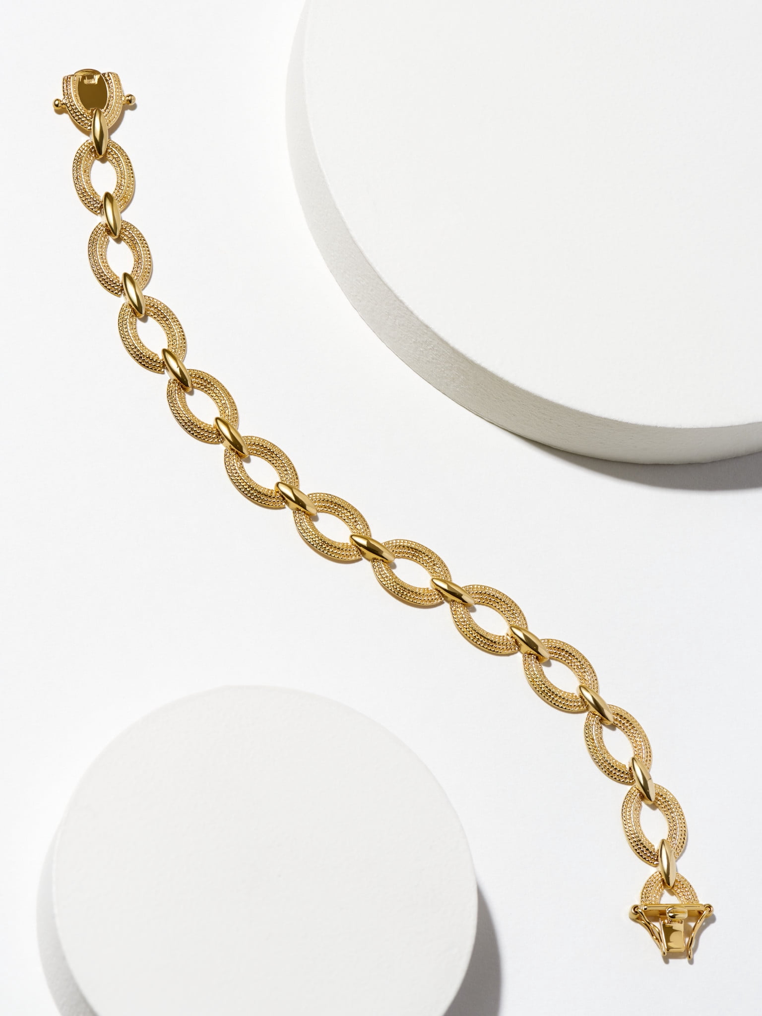 18K Yellow Gold Plated Bronze Textured Oval Link Statement Bracelet Mother's Day Gift, 7.5"