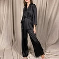 thumbnail image 2 of Leesechin Womens Sleepwear Set Occidental Color Cardigan Tie Up Pajamas Pajamas Solid Color Home Suit Loose Pajamas Set Black S, 2 of 9