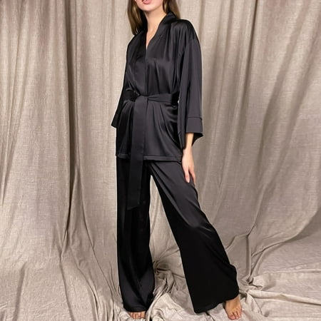

XIAOFFENN Women s Occidental Color Cardigan Tie Up Pajamas Pajamas Solid Color Home Suit Loose Pajamas Set