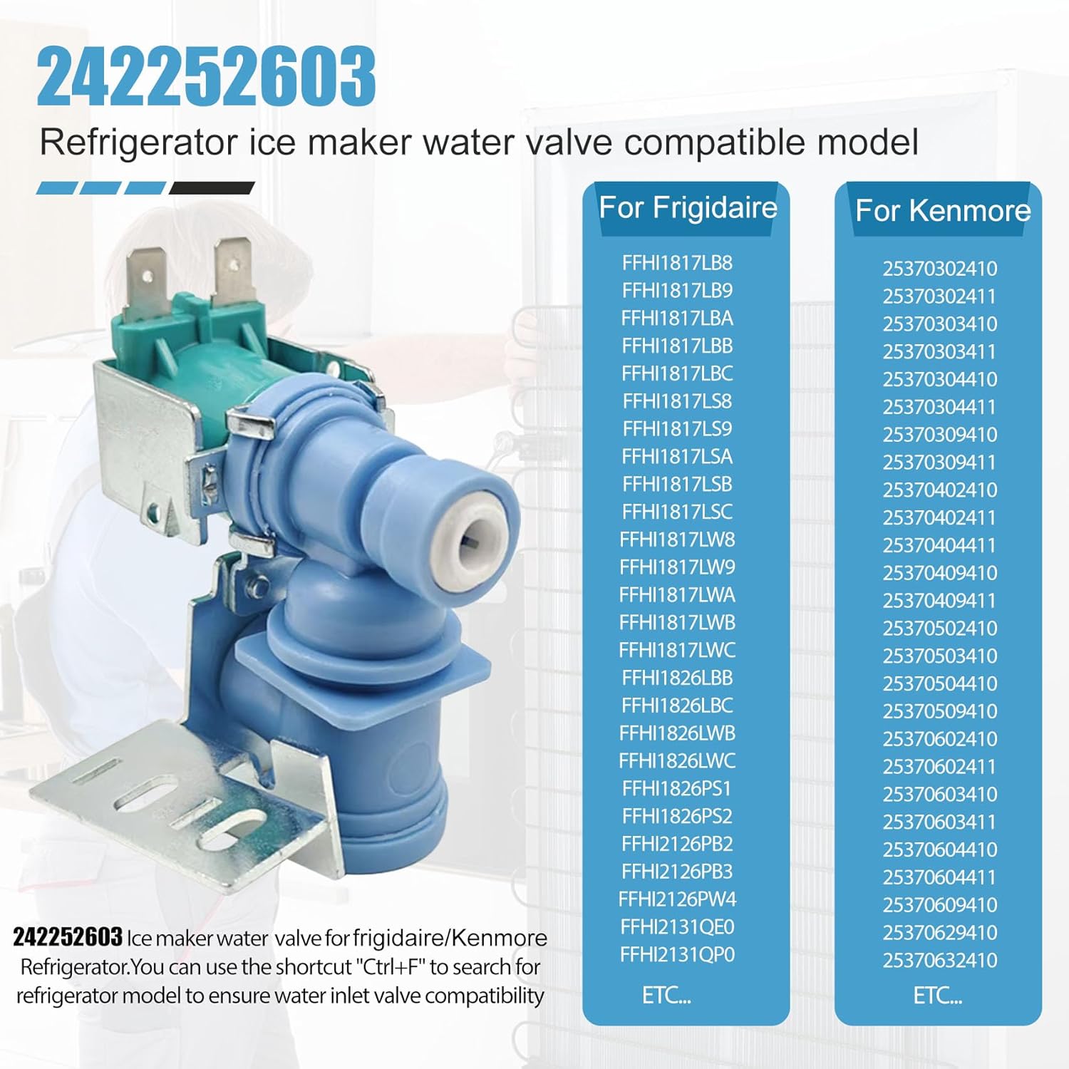 RVKXHD 242252603 Refrigerator Ice Maker Water Inlet Valve, for Frigidaire kenmore Electrolux Icemaker Solenoid Valves, Replacement parts AP5671756 241803703 241803701 218475600 218720400 240380301