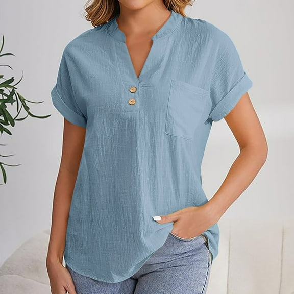 DPTALR George Women's Cotton Casual V-Neck Short Sleeve Solid Color Shirt Blouse With Pockets,Blue,Size XL