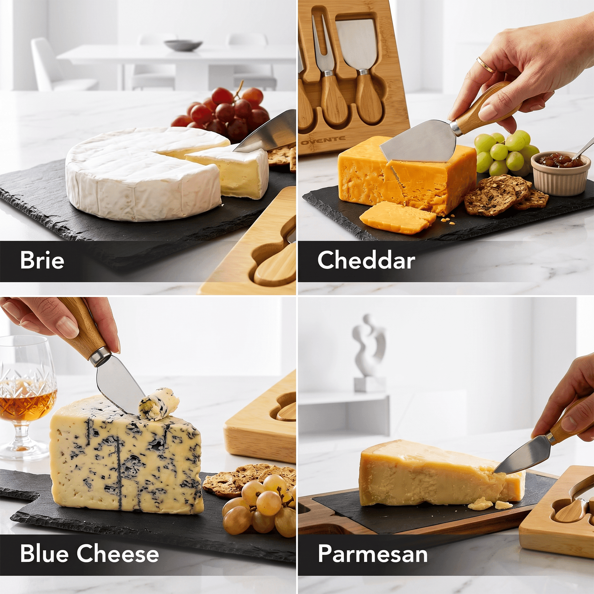 OVENTE 4-Piece Cheese Knife Set with Bamboo Handle, Brown KCS5974B | Complete Stainless Steel Charcuterie Knives w/ Wooden Case, Ideal Fromage Slicer, Spread & Butter Cutter for Party & Gift