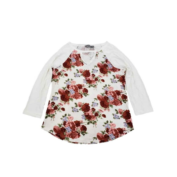 Womens White Floral Red Burgundy Pink Green 3/4 Sleeve Shirt Top Blouse M