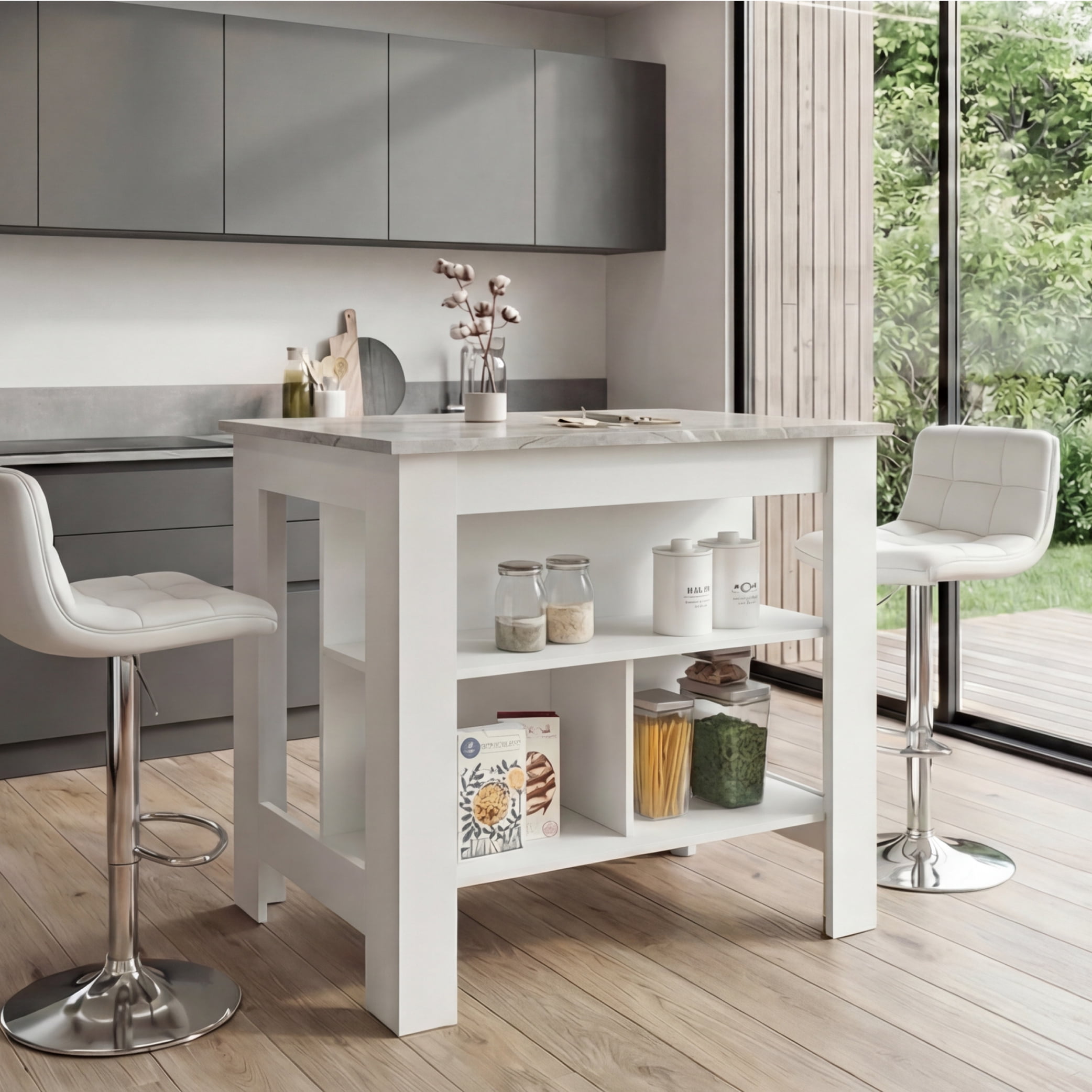 TUHOME Cala Kitchen Island with Antimicrobial Tabletop & 3 Open Shelves, Seating Workstation