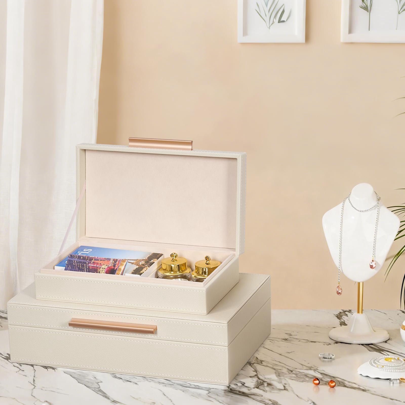 Decorative Boxes With Lids 2-set  Memory Box For Keepsakes Saving Space Beautiful Pu Leather Keepsake Storage Metal Handles Store Photos Documents White
