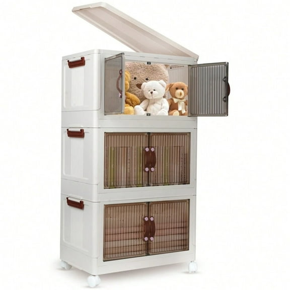 3 Pack 26.5Gal Storage Bins with Lids, Foldable Stackable Plastic Containers with Wheels & Door, Closet Organizer for Home & Office