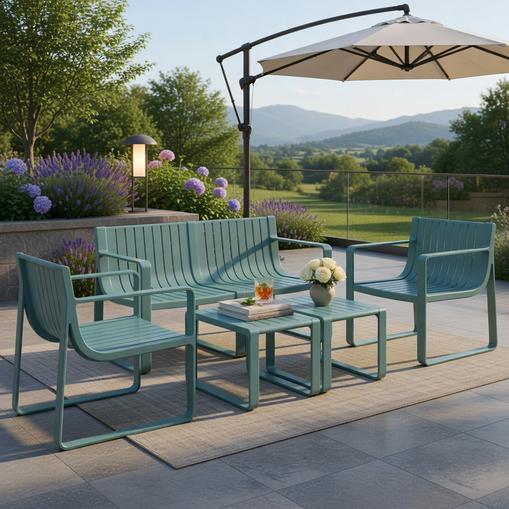 Hommoo Weather-Resistant 2-Person Outdoor Patio Loveseat Bench with Curved Backrest, Heavy-Duty PP Slatted Design for Deck, Poolside & Backyard, Blue