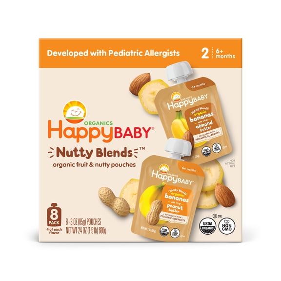 Happy Baby Organics Nutty Blends Stage 2, Bananas & Almond Butter and Bananas & Peanut Butter Organic Baby Food, 8 Ct