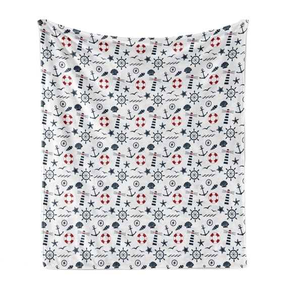 Lighthouse Soft Flannel Fleece Throw Blanket, Nautical Anchors Waves Helms and Animal Silhouettes Compass Navigation, Cozy Plush for Indoor and Outdoor Use, 70" x 90", Indigo Red White, by Ambesonne