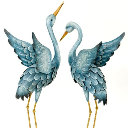 Bits and Pieces Japanese Blue Heron Metal Garden Sculpture Set Two Metal Cranes Garden Outdoor