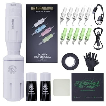 Dragonhawk Wireless Battery-Powered Tättoo Machine Kit with Needles - Complete Starter Set for Beginners