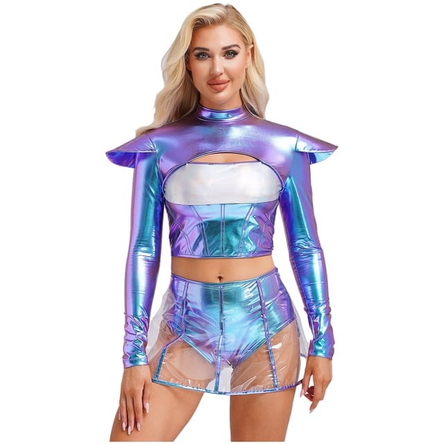 renvena Costume d'Astronaute Robot Cosplay Espace Halloween pour Femmes Crop Top Coloré m