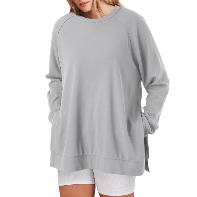 Women's Crew Neck Sweatshirt Loose Fit Oversized Pullover With Zippered Side Slits Long Sleeved Tops For Fall Fashion