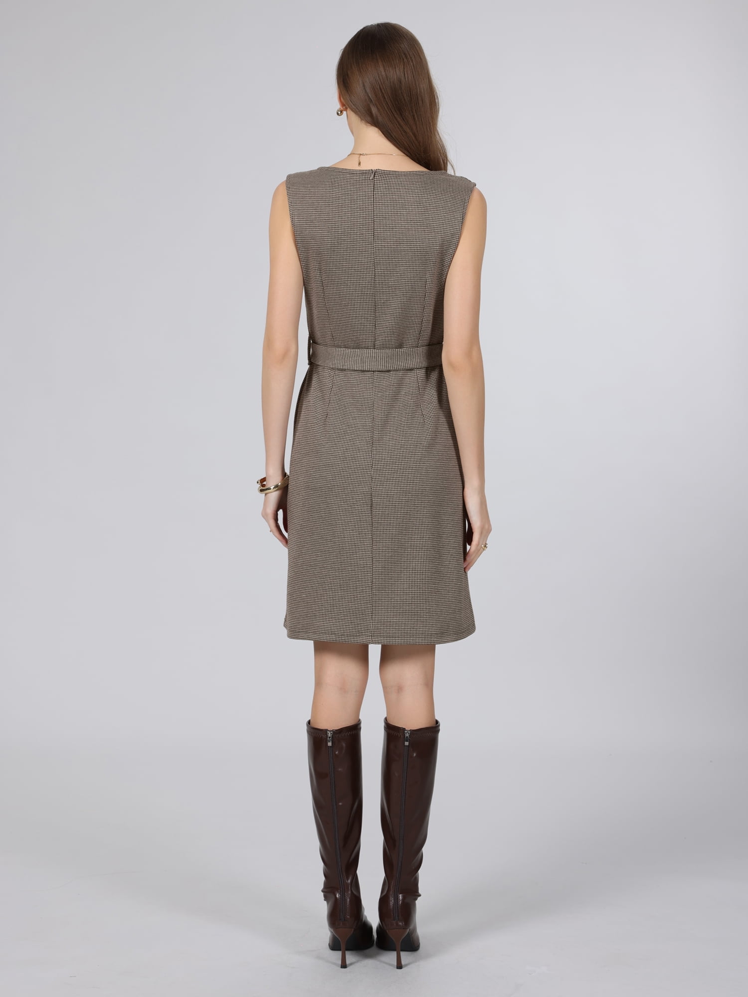 DARING DIVA Women's Houndstooth Sleeveless Boat Neck Pencil Dress XL Brown