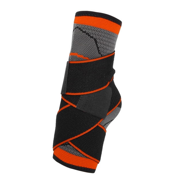 tobillera de compresión transpirable ajustable unisex naranja talla única, vista 3/4 frontal: tobillera de nylon naranja y gris con correas cruzadas negras de velcro, tejido transpirable y bordes naranjas, ofrece soporte y compresión para deporte y recuperación; apta también para caminatas y ejercicio.