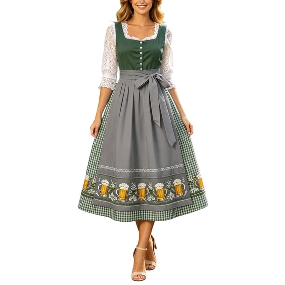Wxolcjlv Vintage Oktoberfest Dirndl Dress for Women Mug Print Gingham Apron Lace Dresses