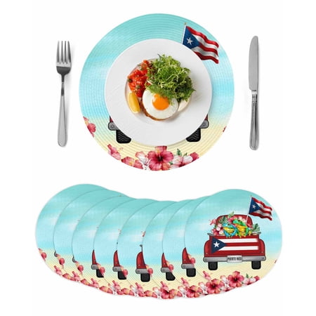 Puerto Rican Flag Round 13 Inch Placemats Set of 8 Vintage Country Truck Flowers Blue Beige HeatResistant Non Slip Place Mats for Dining Table Wipeable Braided Kitchen Table Mats for Housewarming