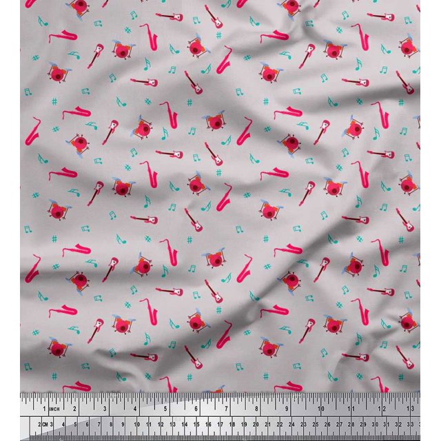 Soimoi Cotton Poplin Fabric Notes,Guitar & Drumkits Musical Instrument Print Fabric by The Yard 56 Inch Wide