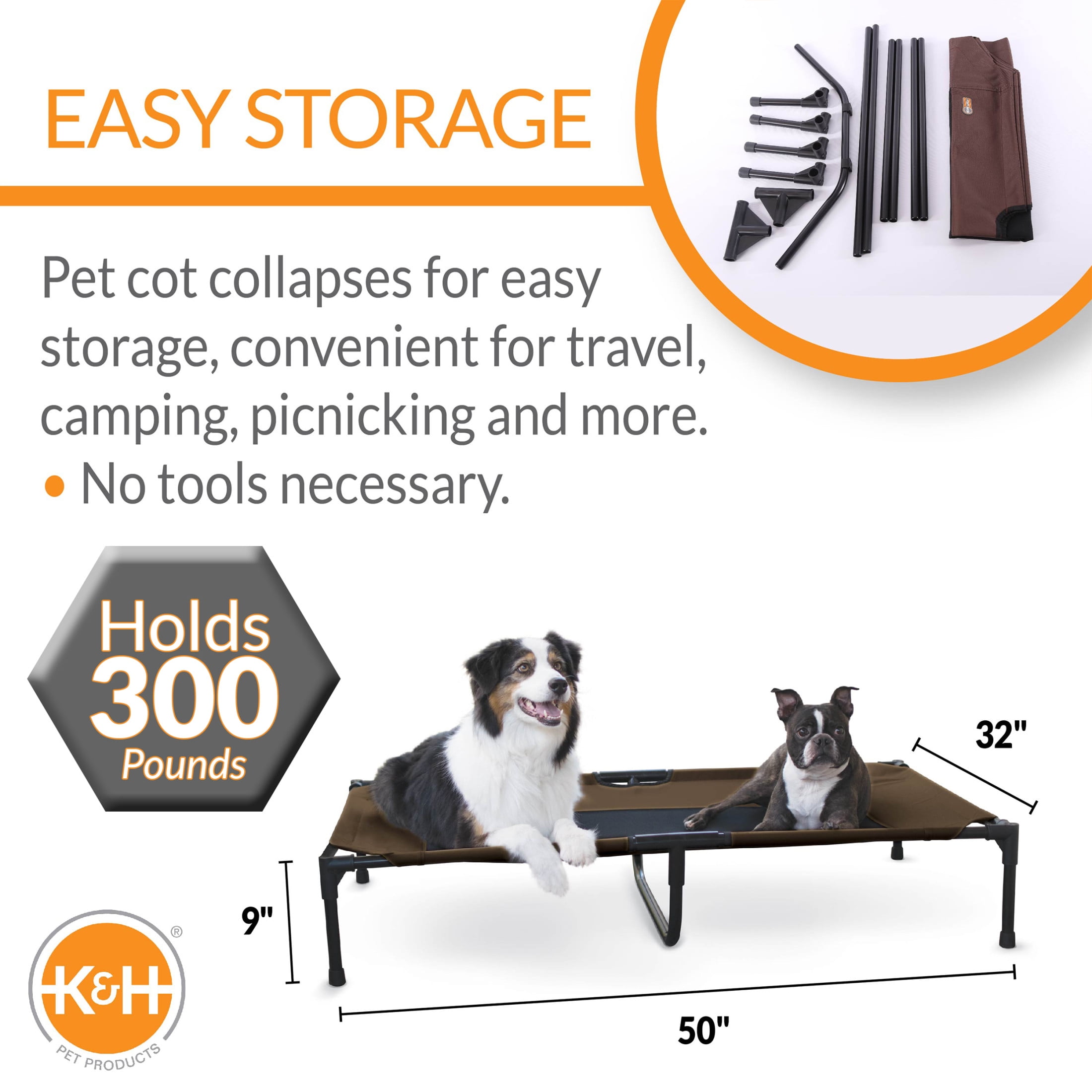 K&H Original Pet Cot Elevated Dog Bed Chocolate/Black Mesh X-Large 32 X 50 X 9 Inches