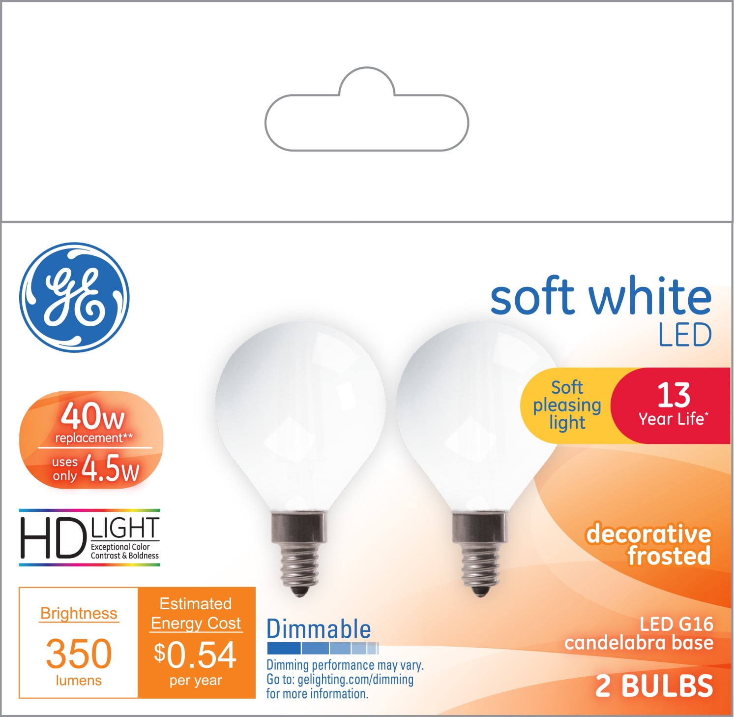 GE Soft White LED Globe Light Bulbs, 40 Watt Eqv, G16 Globe Bulbs, Small Base, 13 year, 2pk