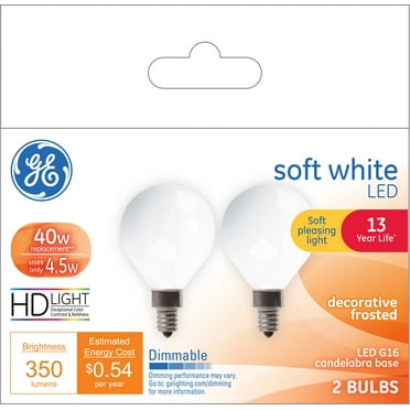 GE Soft White LED Globe Light Bulbs, 40 Watt Eqv, G16 Bulbs, Candelabra Base, 13yr, 2pk