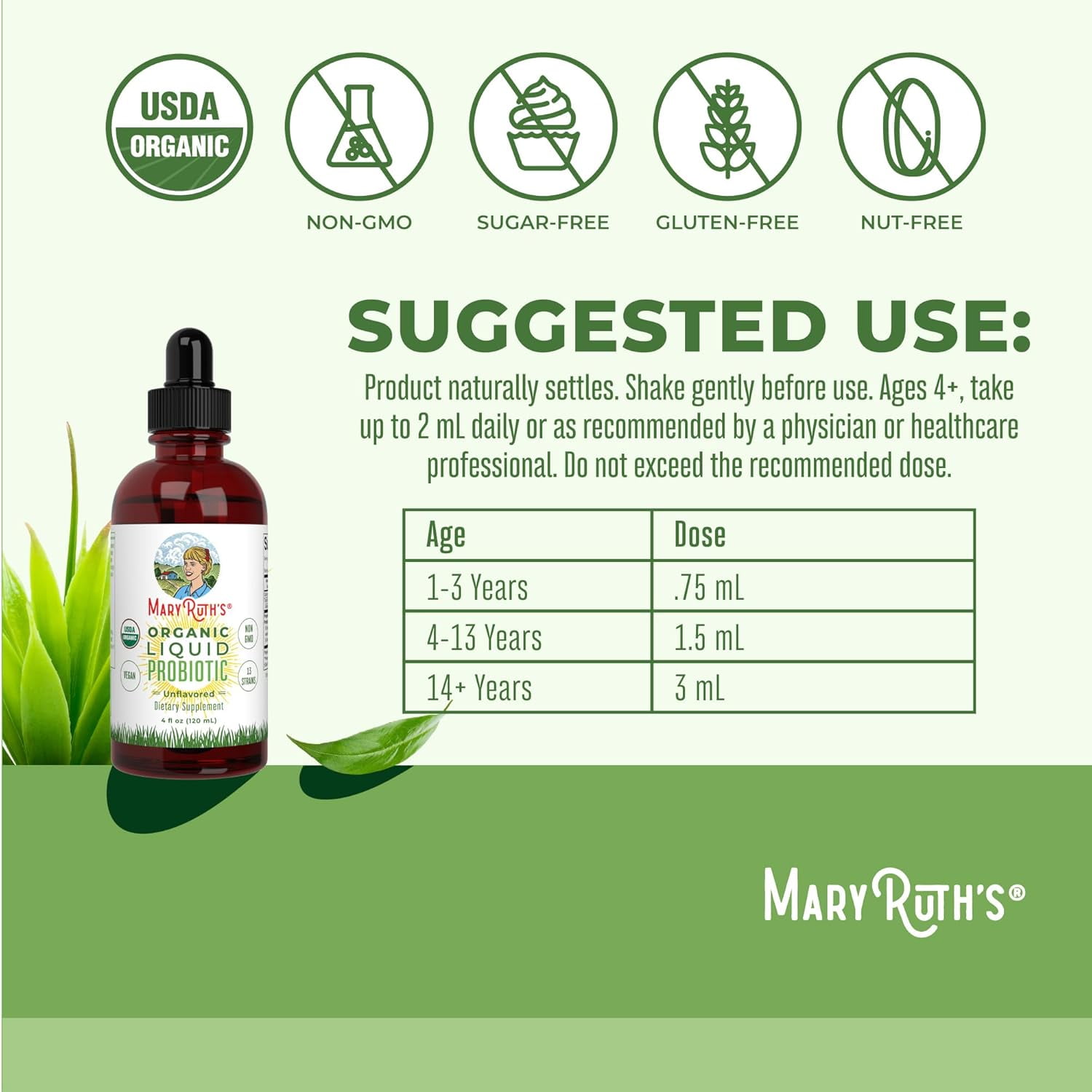 MaryRuth's Liquid Probiotic Drops USDA Organic Vegan Non-GMO for Adults & Kids Digestive Health 1 Count 4 fl oz
