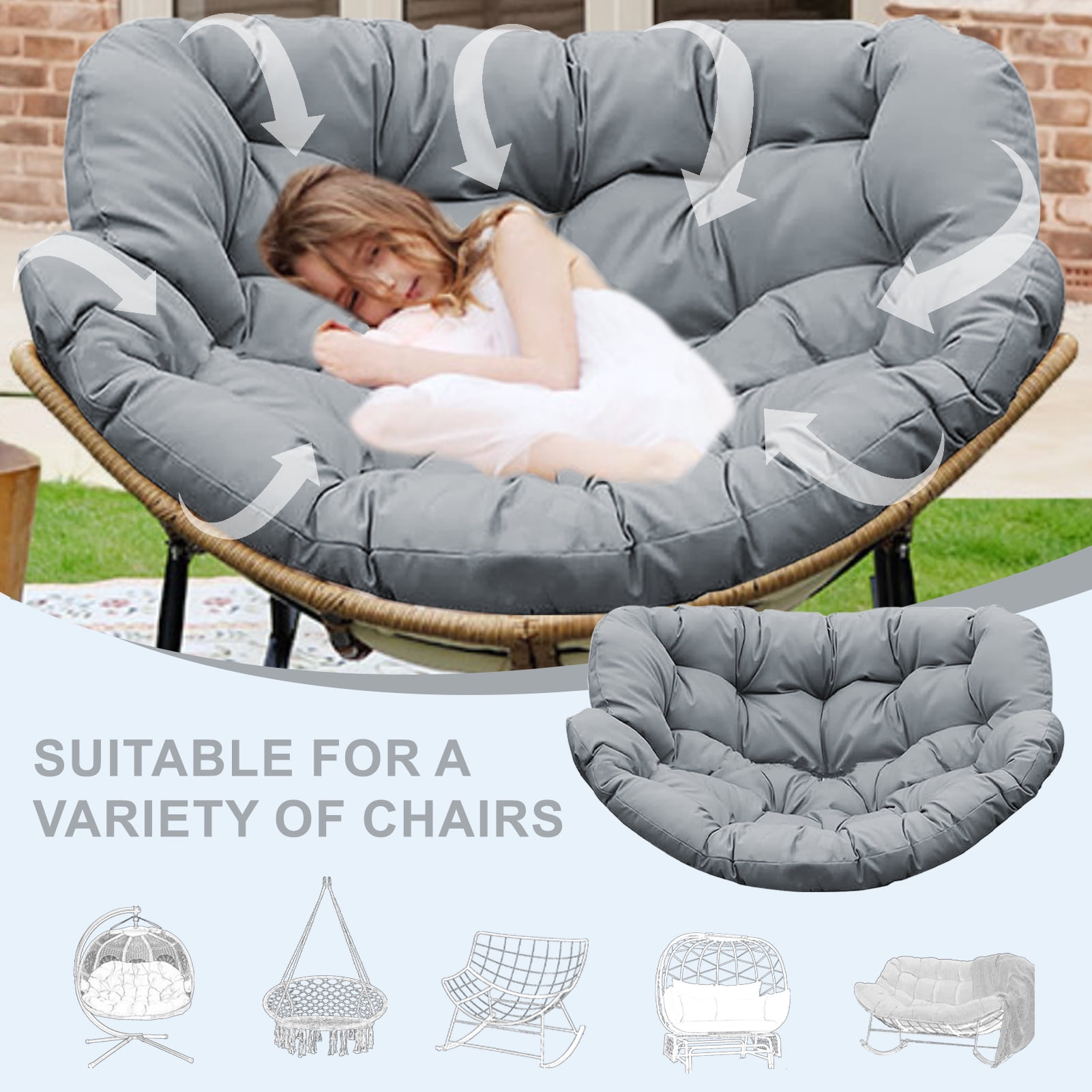 XXLYY Outdoor Rocking Chair Cushions – 6.3" Thick Waterproof Papasan Egg Chair Pad with Ties, Comfortable Round Seat Cushion for Living Room, Patio, Porch, or Balcony