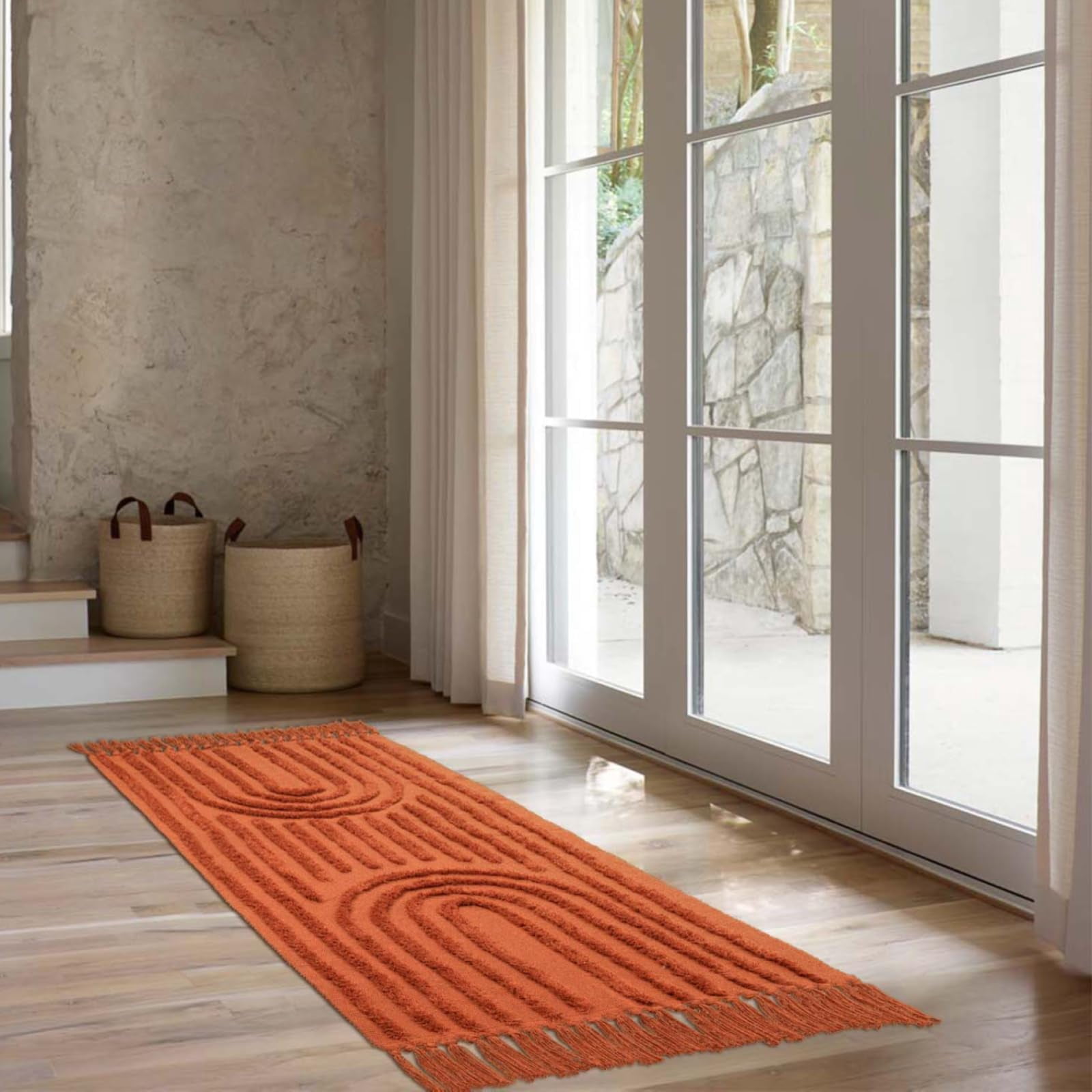 SUNDEREY Hallway Runner Rug 2'x6', Terracotta Washable Bathroom Rug Runners, Cotton Woven Kitchen Runner Rugs with Tassel, Farmhouse Tufted Rainbow Bedroom Runner Rug for Laundry Entryway,Red