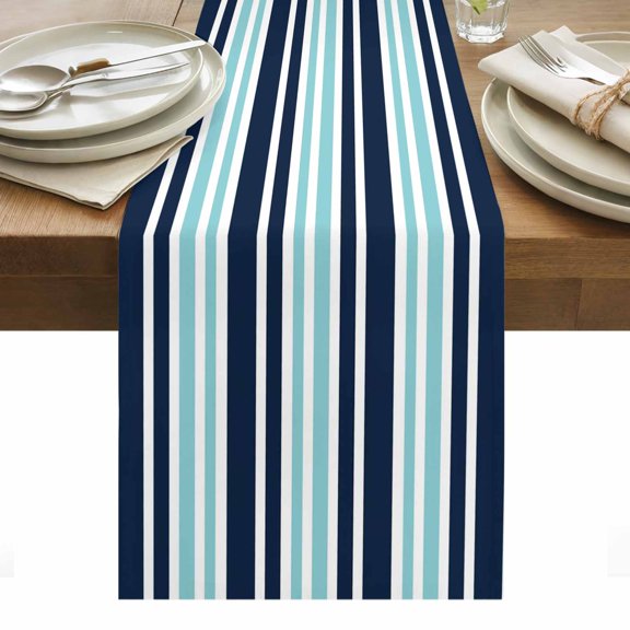 Navy Blue Turquoise Striped Table Runner - 120 Inch Long, Kitchen Dining Table Runner Dresser Scarves, Gradient Horizontal Lines Farmhouse Decor for Coffee Tables Wedding Party Banquet
