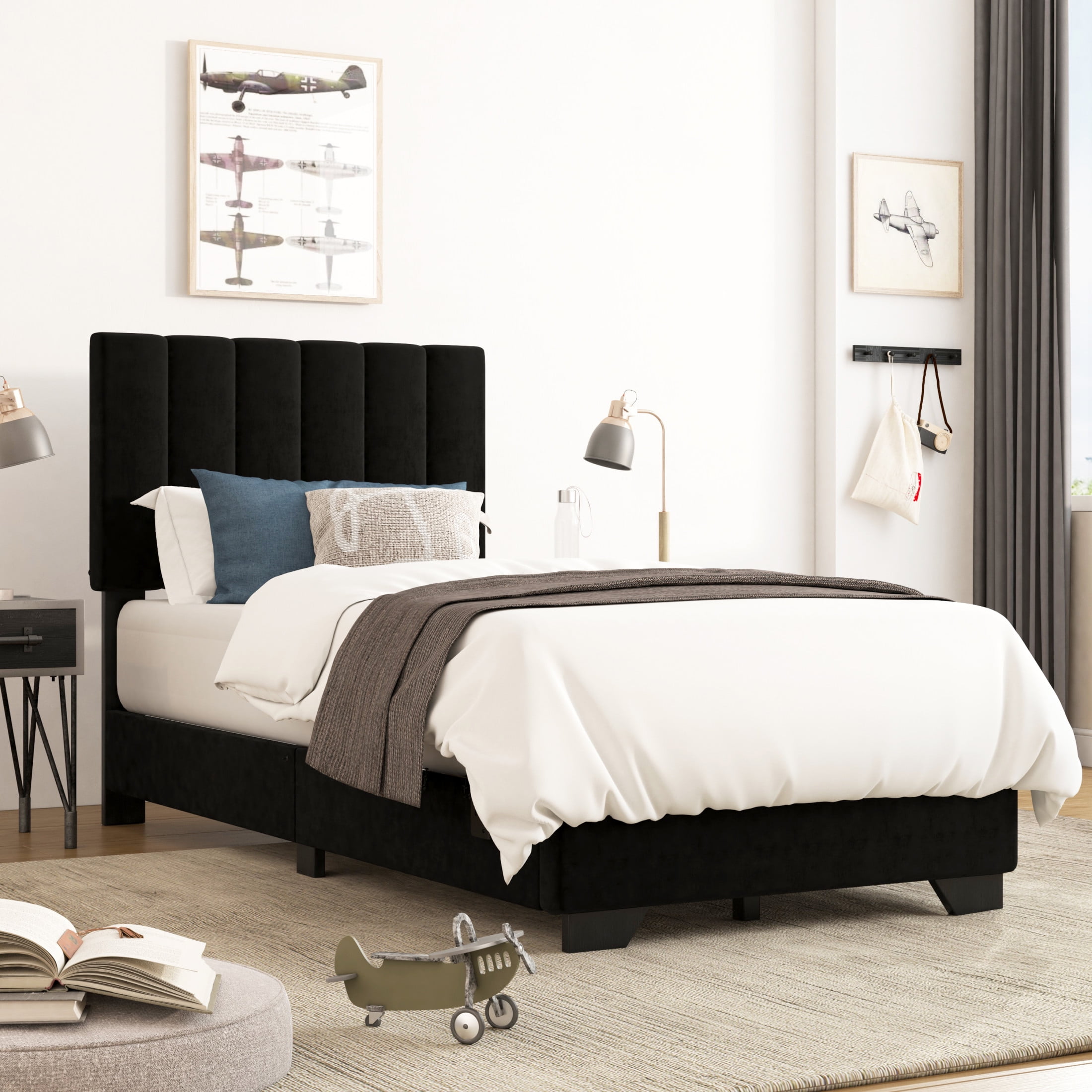 Reece Channel Stitched Upholstered Twin Bed, Black, by Hillsdale Living Essentials