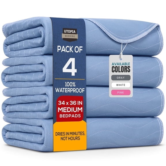 Utopia Bedding Washable Underpads 34" x 36" (Pack of 4), Waterproof Reusable Heavy Absorbency Incontinence Bed Pads for Adults, Kids, Elderly and Pets, Bedwetting Pads for Sofa and Couch (Blue)
