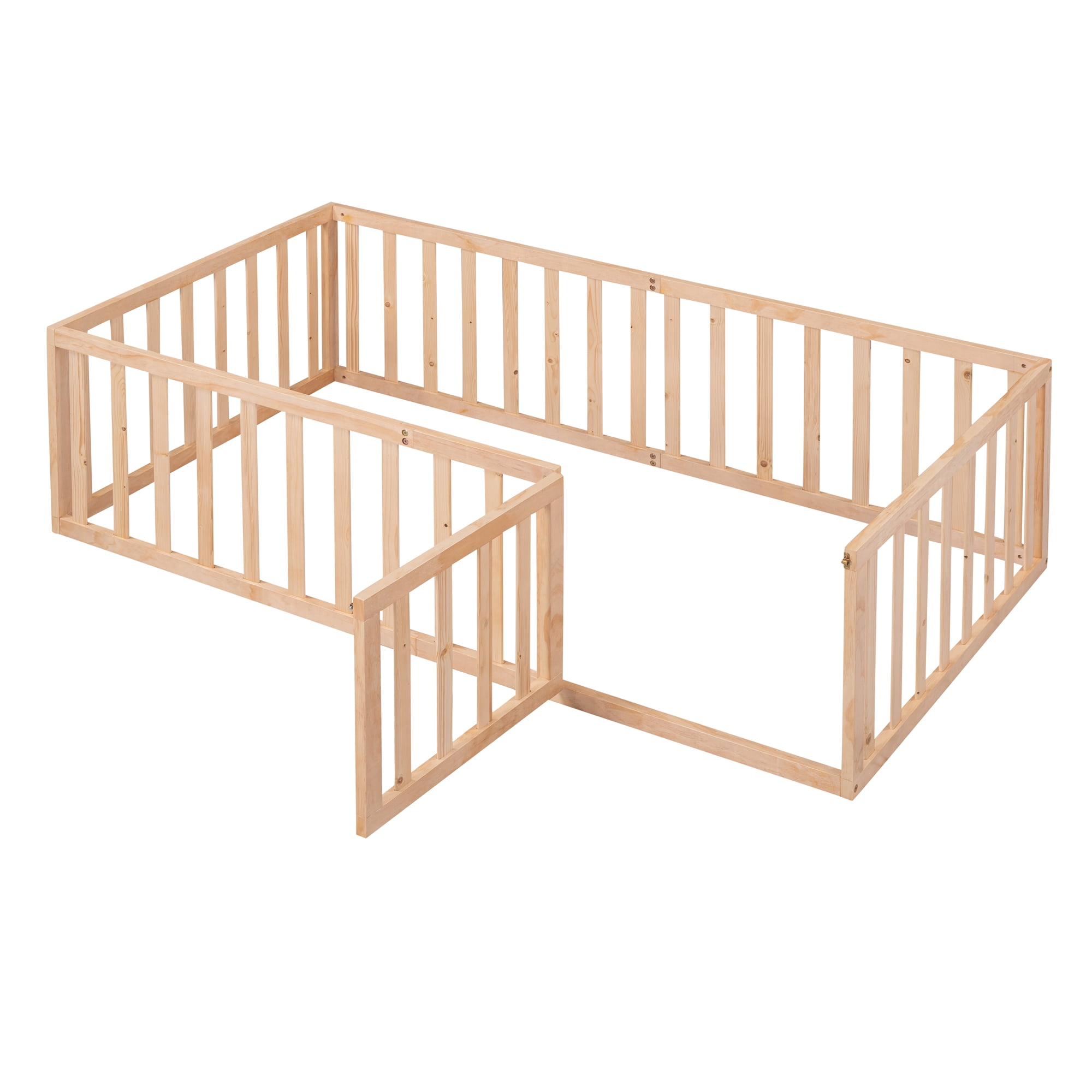Gewnee Twin Size Toddler Floor Bed,Pine Wood Kids Floor Bed Frame with Fence and Door,Natural