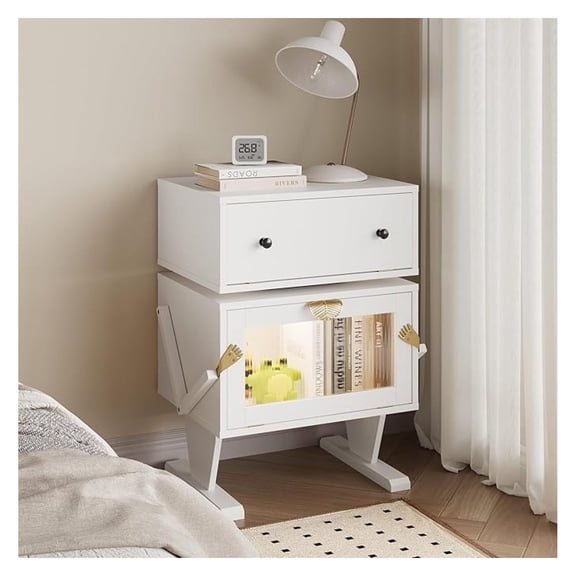 NBBNHH White Nightstand with Rotating Drawer, Modern Bedside Table with Storage, Wood End Table for Bedroom, Home Office - 360° Swivel, LED Light