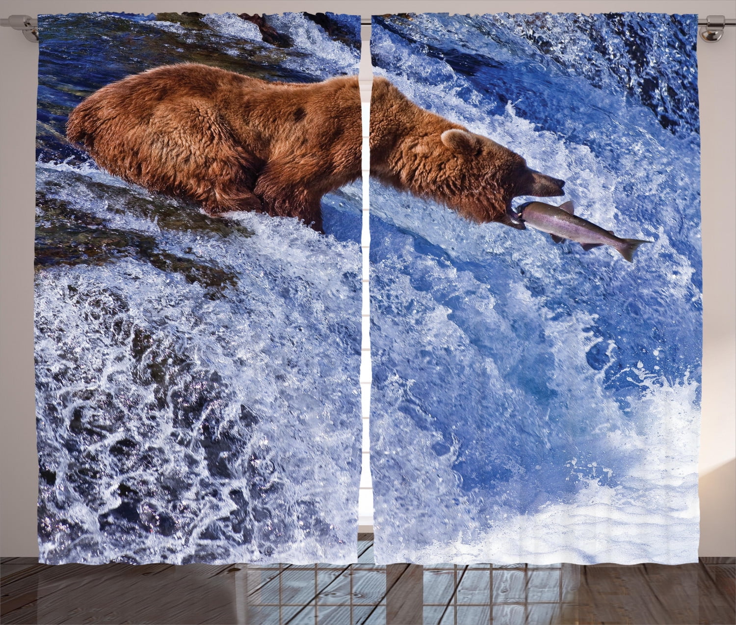 Animal Curtains Wild Bear Fish Nature Window Drapes 2 Panel Set 108x84 Inches 