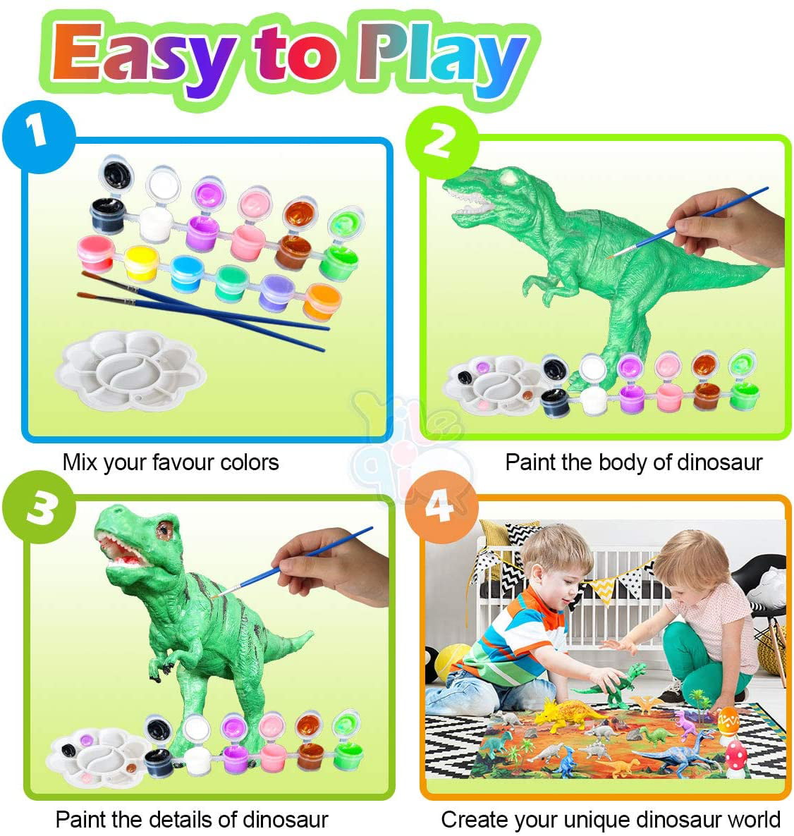 Kids Crafts Dinosaur Painting Kit by Coastline Craft (Ages 3+) Paint Your Own Dinosaur Toys Activity Kit w/ Kid-Safe Washable Paint, Brushes, T-Rex