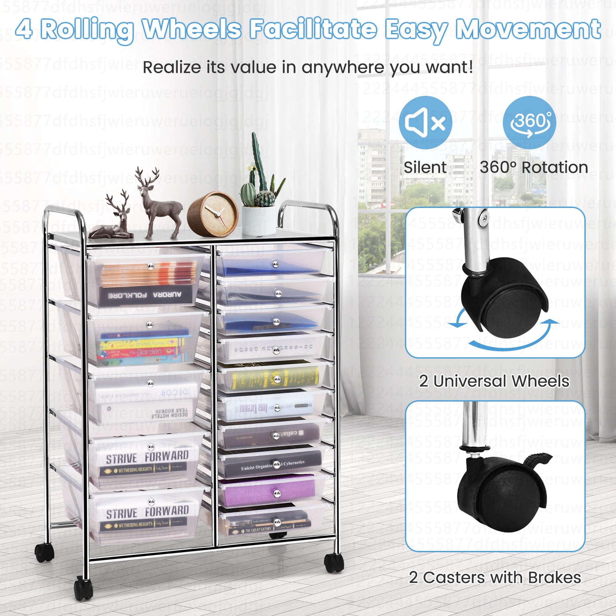 Costway 15 Drawer Art & Craft Rolling Storage Cart Tools Scrapbook Paper Office School Organizer Clear