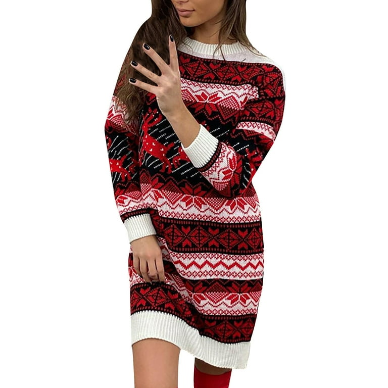 Women Long Sleeve Midi Dress Women's Christmas Elk Patternt Round