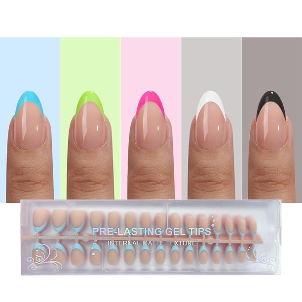 Jsiallye Puntas de uñas de gel suave francés, 150 piezas, almendra corta, punta francesa más brillante, prensa en las uñas, sin necesidad de limar las puntas, extensiones de uñas postizas acrílicas pr