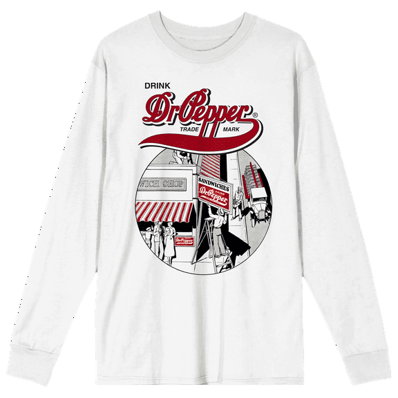 Dr Pepper Vintage Circular Art with Logo Women's White Long Sleeve Crew Neck Tee-Medium