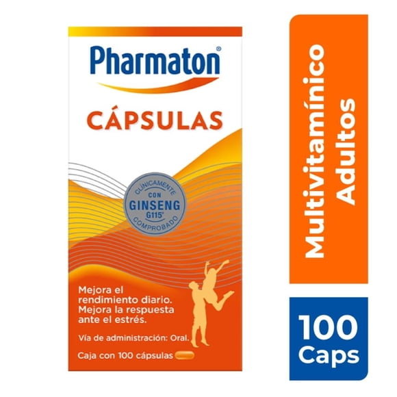 Multivitamínico Pharmaton para Adultos 100 Cápsulas. Auxiliar en el Tratamiento de Síntomas como la dismunición del Estrés.