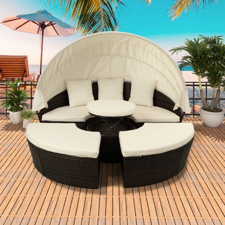 Wicker Patio Sets 5 Piece Patio Furniture Sofa Set Round Wicker Daybed with Retractable Canopy All-Weather Patio Conversation Set with Cushions for Backyard Porch Garden Poolside L3528