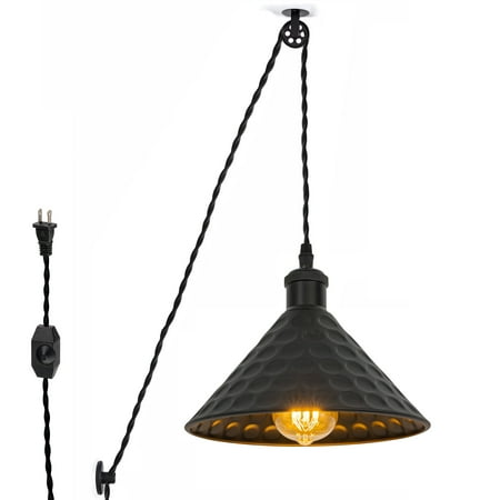 

Kiven Plug in Industrial Pendant Light Pulley Hanging Light with Iron Lampshade and 15FT Plug-in Cord Dimmable Ceiling Pendant Light for Bedroom Hallway Foyer Kitchen Island E26 Base