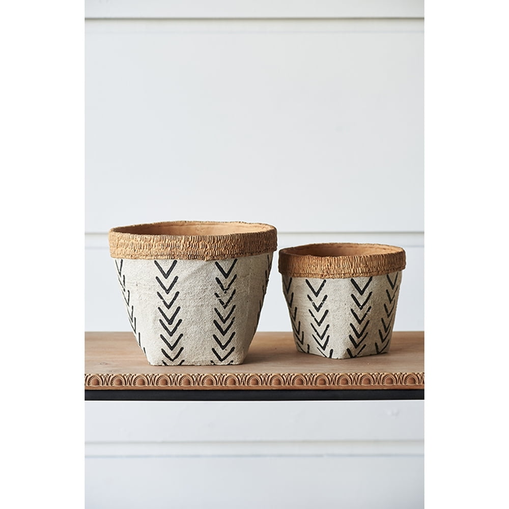 Set of 2 White and Brown Cement Planters – Featuring a Stylish V Pattern, these Planters Bring a Contemporary Flair to Your Home or Garden.  Perfect for Showcasing a Variety of Plants
