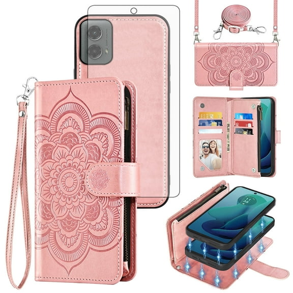 Asuwish Phone Case for Motorola Moto G 5G 2024 Zipper Wallet Magnetic Detachable Cell Cover with Tempered Glass Screen Protector Crossbody Strap Flower Card Holder Slot G5G 5 G G5 Women Girls Pink