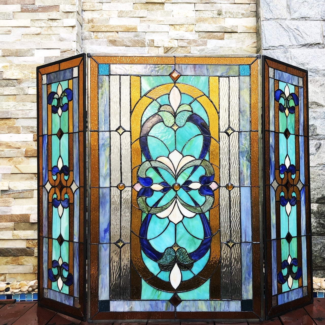 CHLOE Palace Tiffany Folding Victorian Stained Glass Fireplace