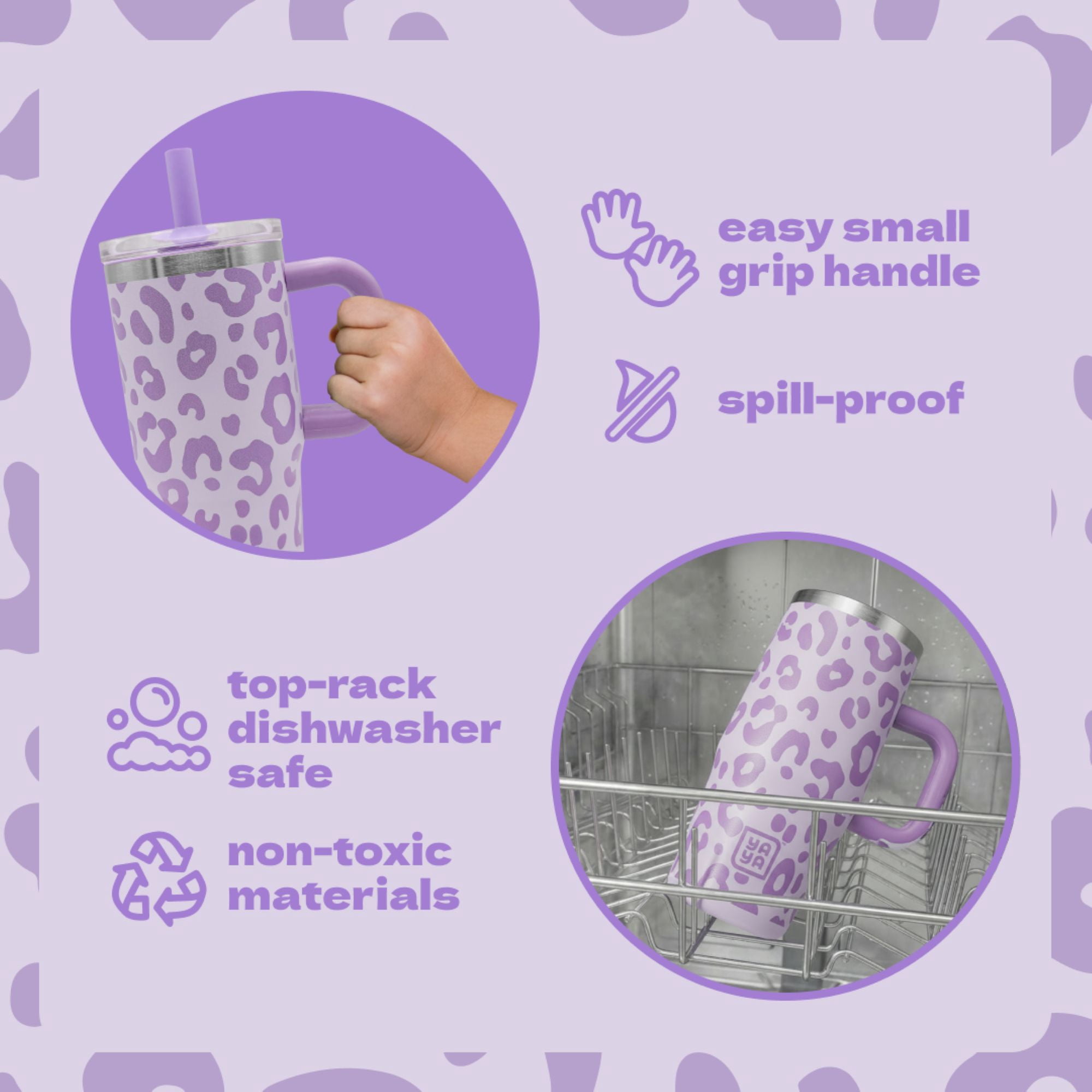 YAYA My First Travel Tumbler for Preschool & Kids 3+, Insulated Stainless Steel Tumbler with Reusable Silicone Straw & Spill-Proof Lid, Cup Holder Compatible, BPA-Free, 12oz, Purple Leopard
