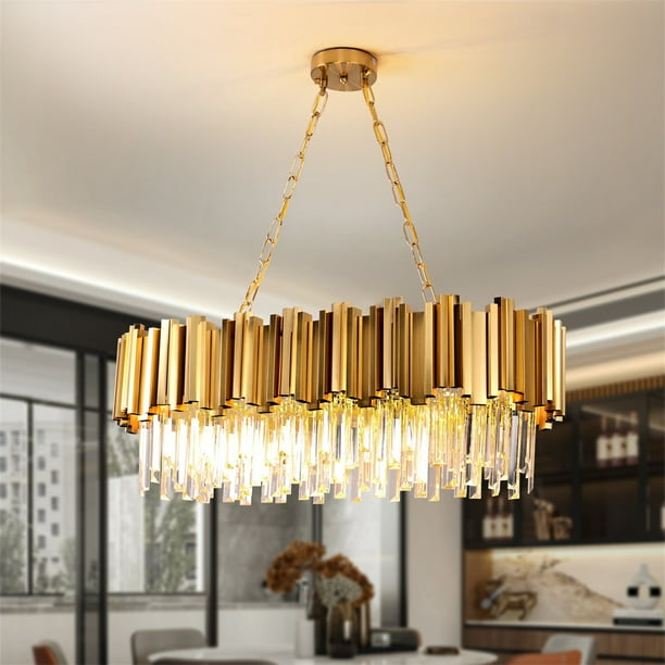 Modern Crystal Chandelier Gold Pendant Light, Rectangle Crystall