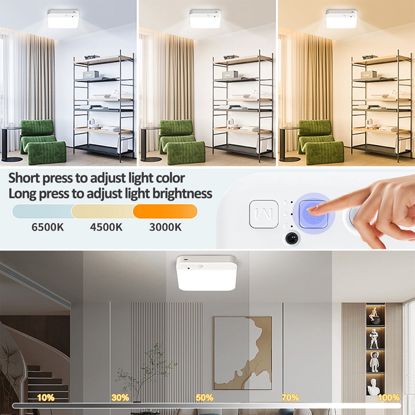 Sensor Ceiling Light,Wireless Ceiling Light with Remote,Rechargeable Battery Operated Motion Closet Light,250LM & 3 Colors Motion Sensor LED Ceiling Lamp for Closets,Shower,Stairs,Hallway
