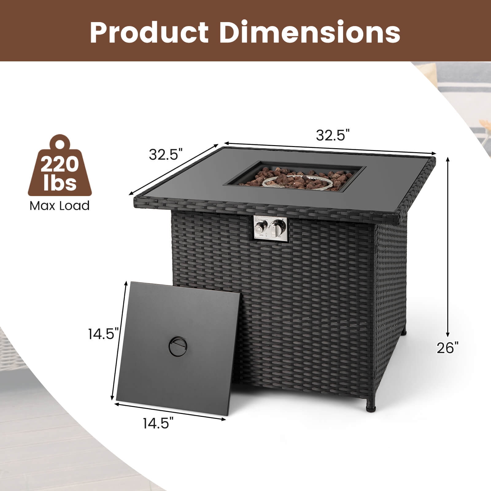 Costway 32.5" Propane Fire Pit Table Outdoor Wicker Gas Firepit with Stainless Steel Burner Black