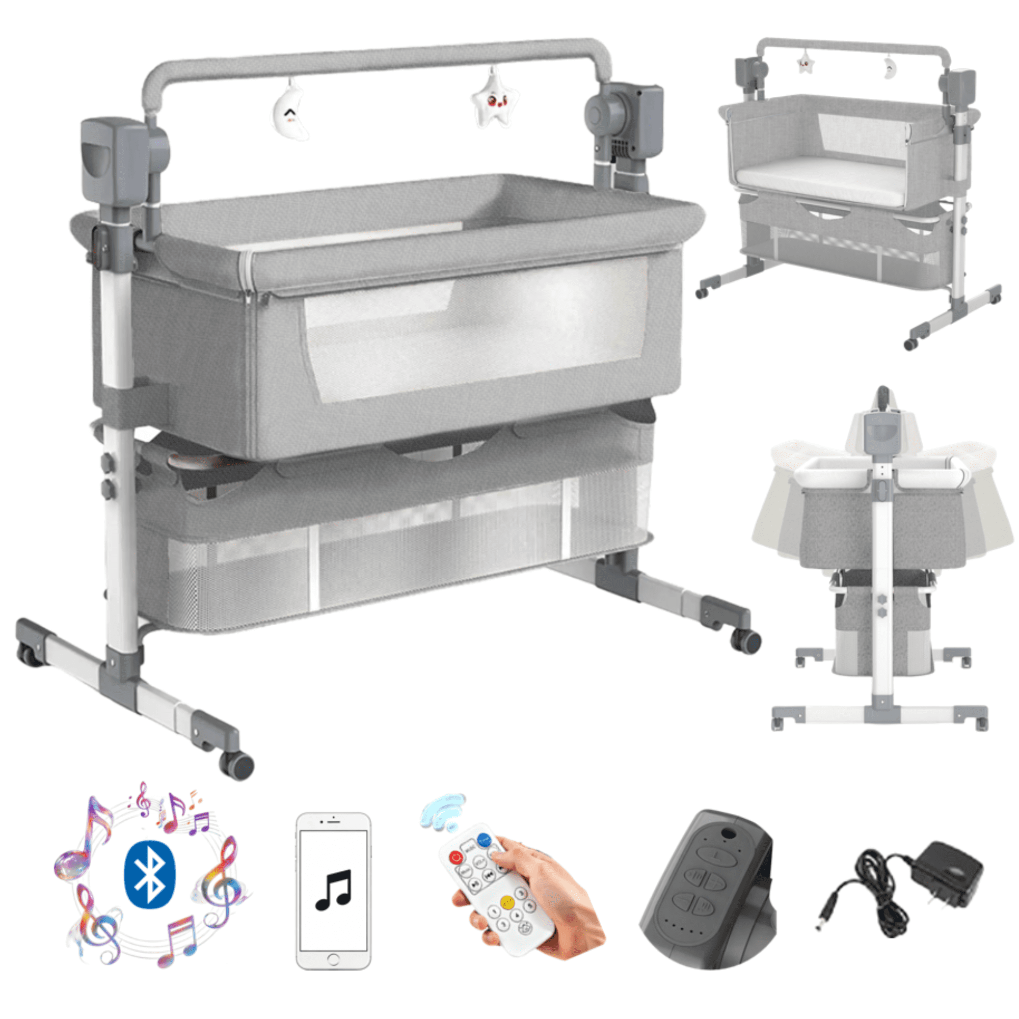 EaseBaby Baby Bedside Sleeper,Infant Cradle with Mosquito Net and 3-Level Height Adjustment,Unisex,Lightgray